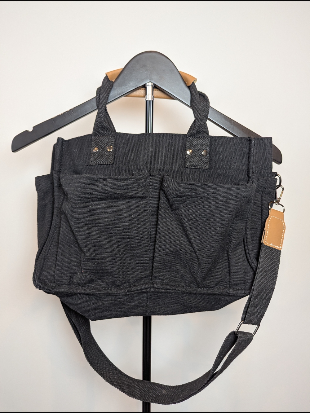Source Unknown Black Canvas Messenger Tote with Tan Accent